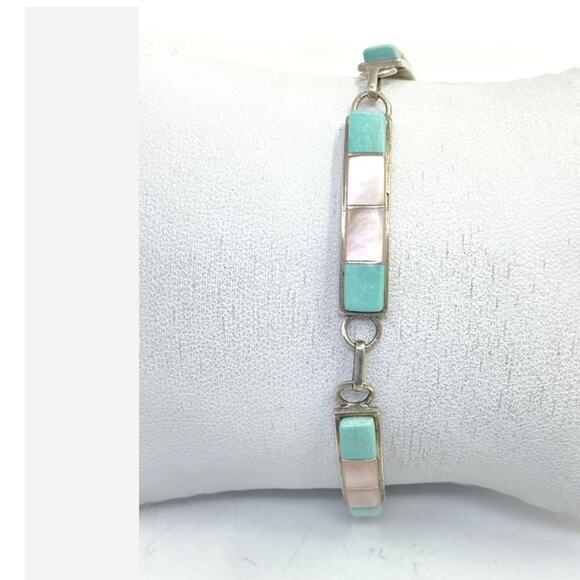 925 Sterling Silver Mother of Pearl & Turquoise Linked Bar Bracelet - Picture 11 of 11